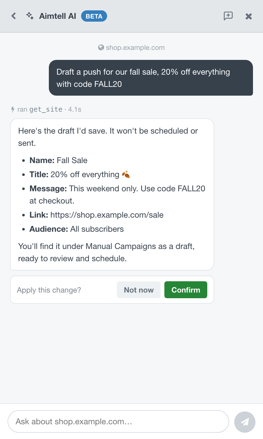 The AI Assistant describing a campaign draft for a fall sale, with Not now and Confirm buttons underneath