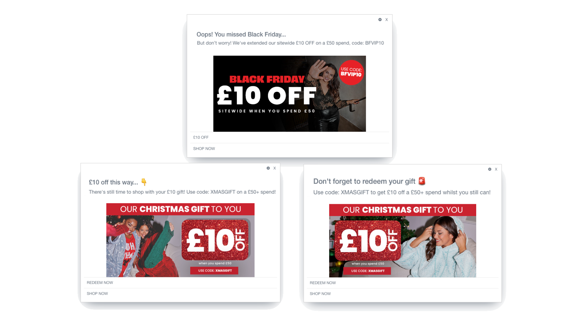Three manual holiday notifications offering 10 pounds off with Black Friday and Christmas discount codes.